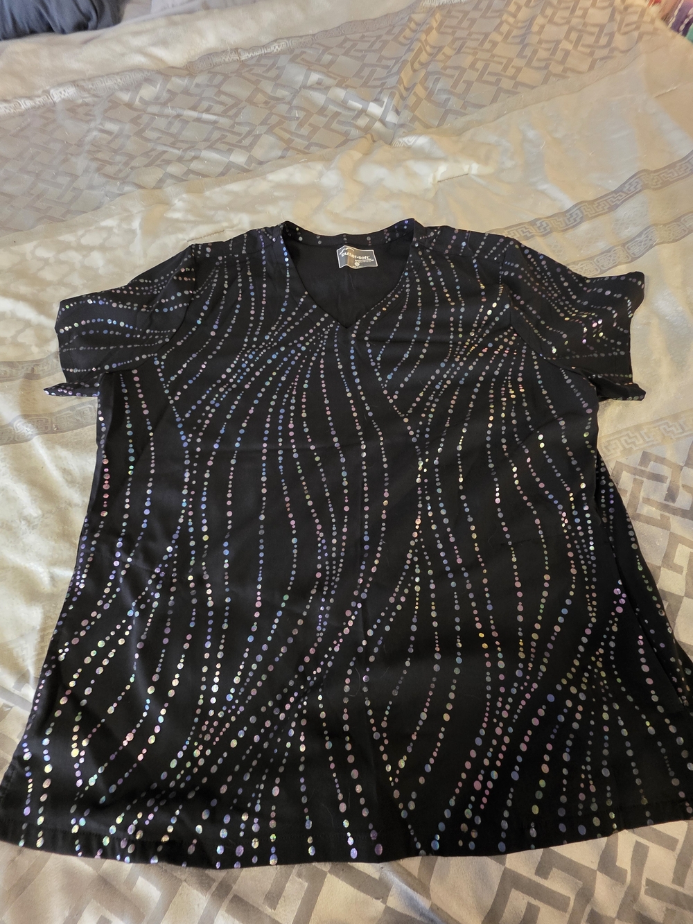 Uniform Advantage Black Scrub Top with Iridescent Dot Waves